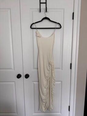 Meshki Cream Ruched Midi Slip Dress